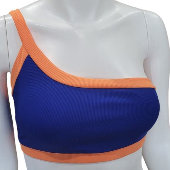 Blue Orange Ribbed Swim Bikini Top M One Shoulder Tankini Minimalist Boho Preppy - Picture 1 of 10